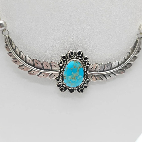 Vintage Navajo Sterling Silver Blue Turquoise Feather Necklace 16 Inches Long - Picture 2 of 6